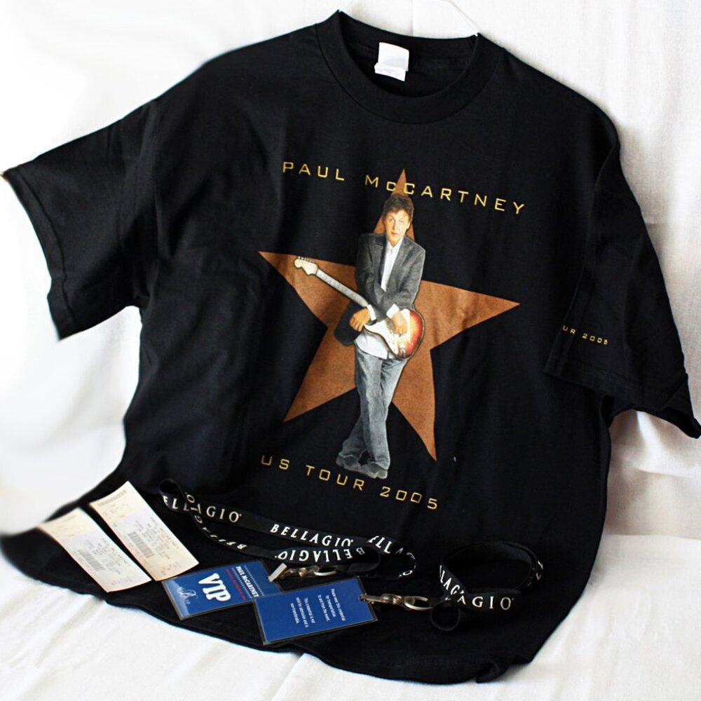 Vtg 2005 US Tour Blk Paul McCartney XL T-shirt, 2 Tickets + 2 Bell Agio VIP Pass